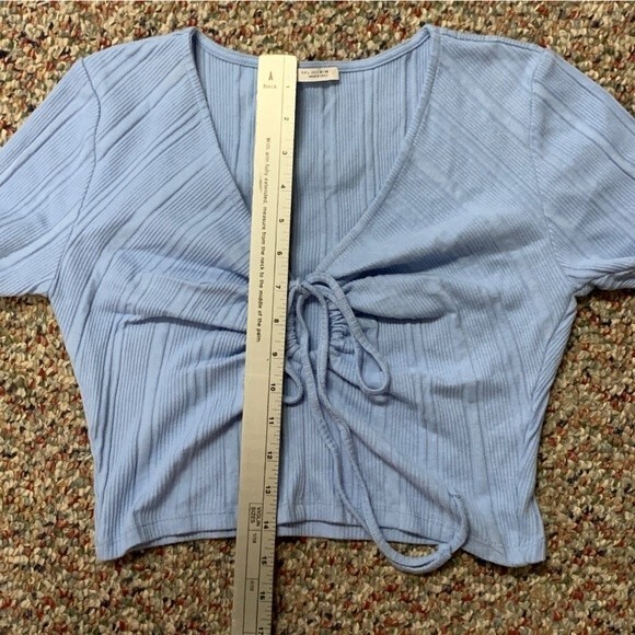 Zara Light Blue Ribbed V-Neck Short Sleeve Crop Top with Front Tie Detail Size L - Picture 8 of 8